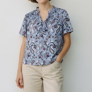 NEW Loft Top Blouse Womens Medium Blue Paisley Ruched Ruffle Tie Neck Career NWT